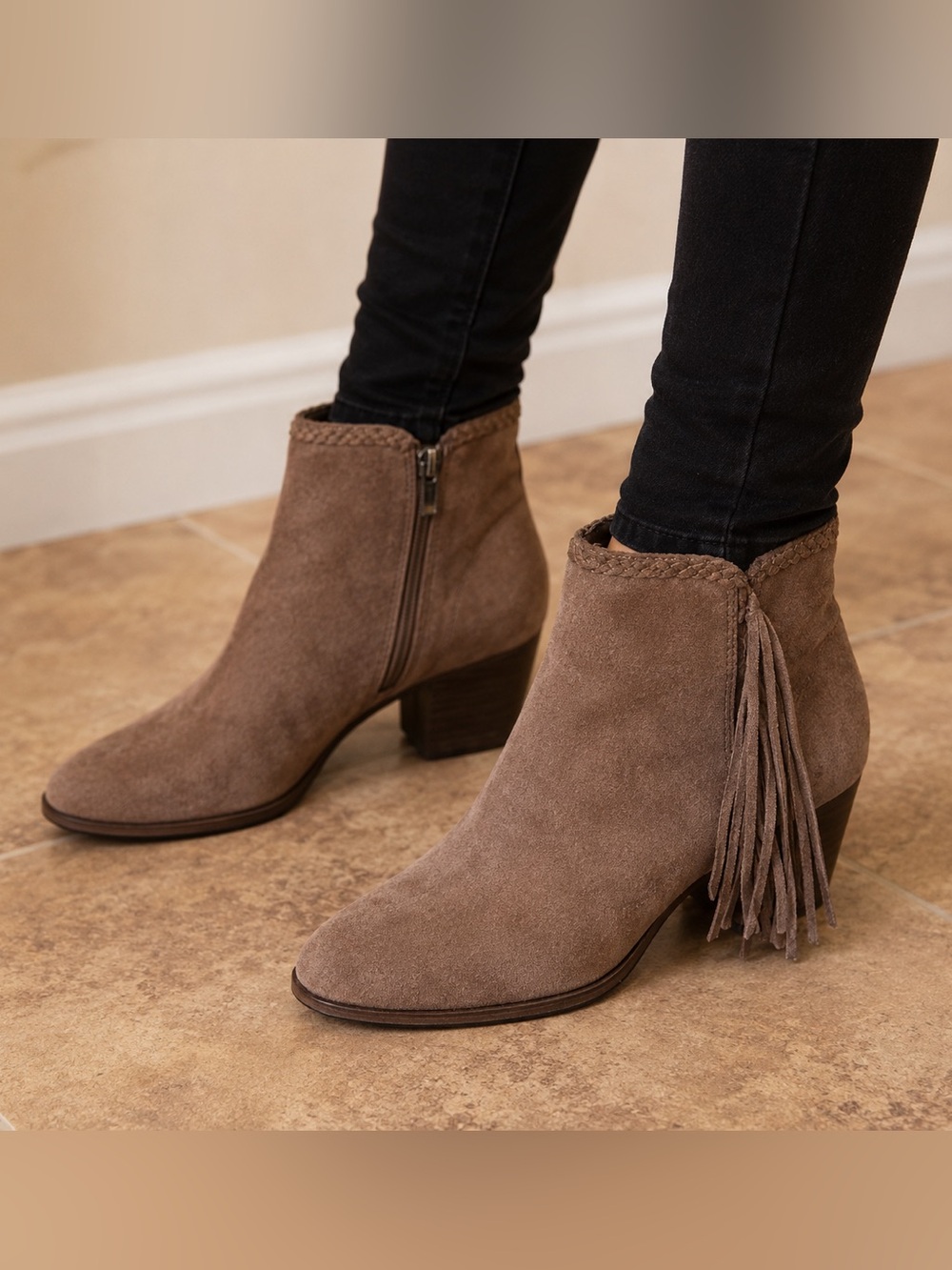 Women’s Suede Leather Fringe Ankle Boots - Brown Taupe (6.5)